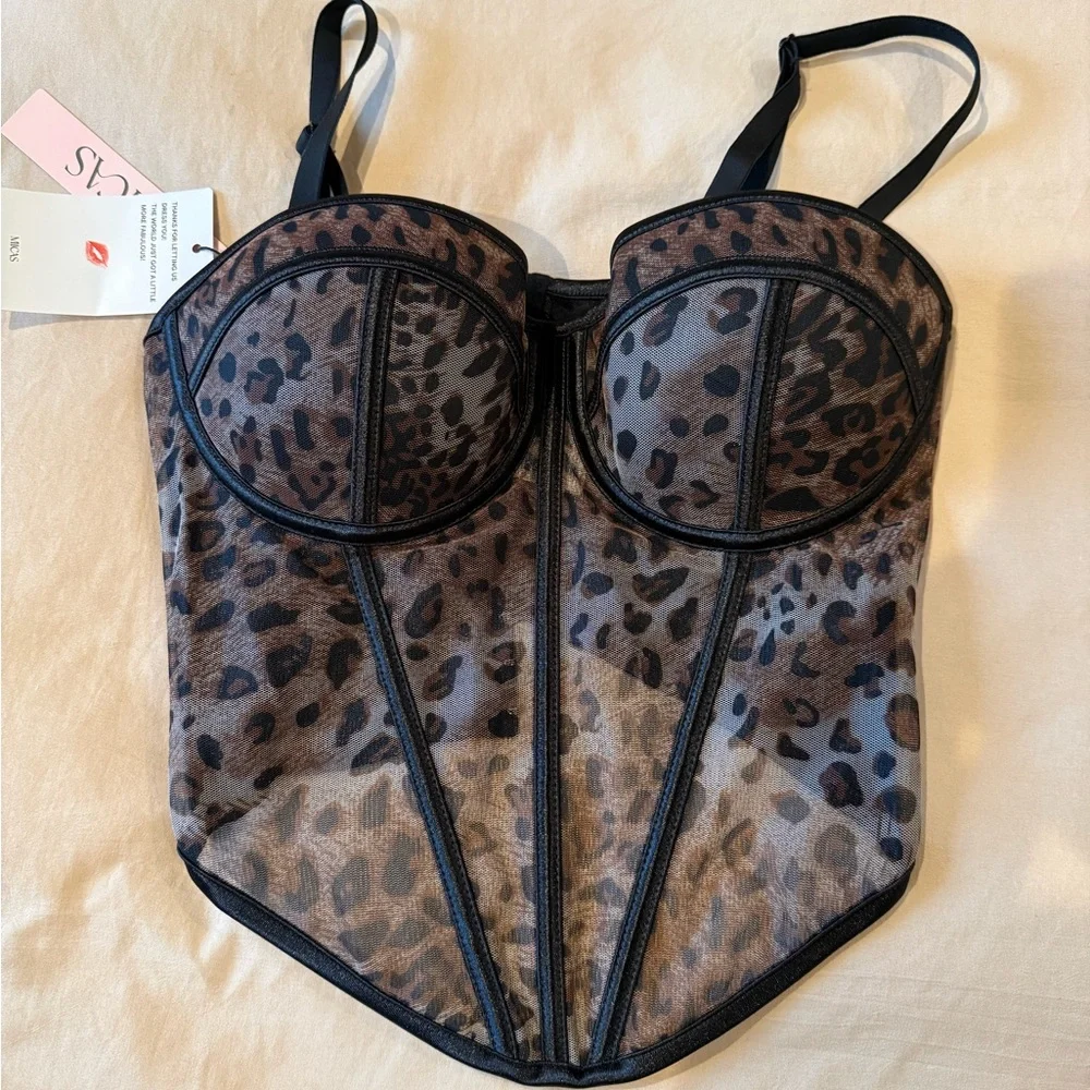 Micas Leopard Print Corset Bustier Top NWT Size M Mesh Panel - Picture 1 of 3